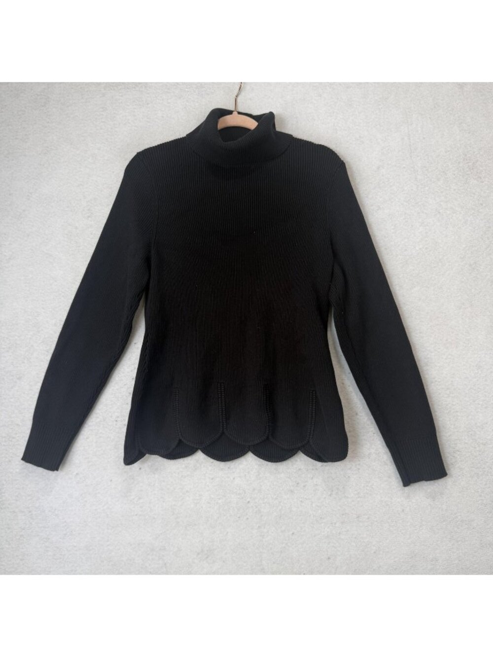 Etcetera Sweater Womens XL Black Turtleneck Scallop Hem Rib Knit Pullover